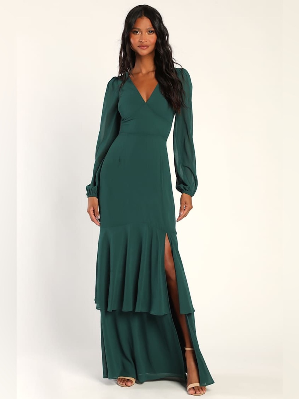 Lulus Tier Elegance Hunter Green Long Sleeve Tiered Maxi Dress Size L NWT